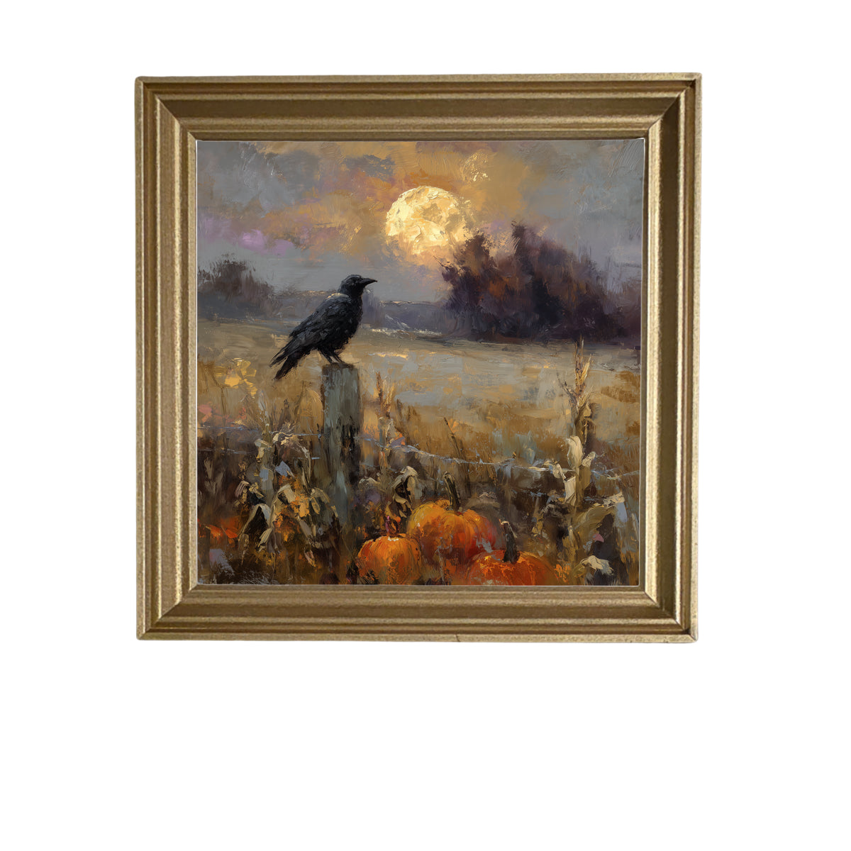Rustic painting of a raven perched on a fence post with pumpkins and corn stalks under a full moon at dusk. — product view 5