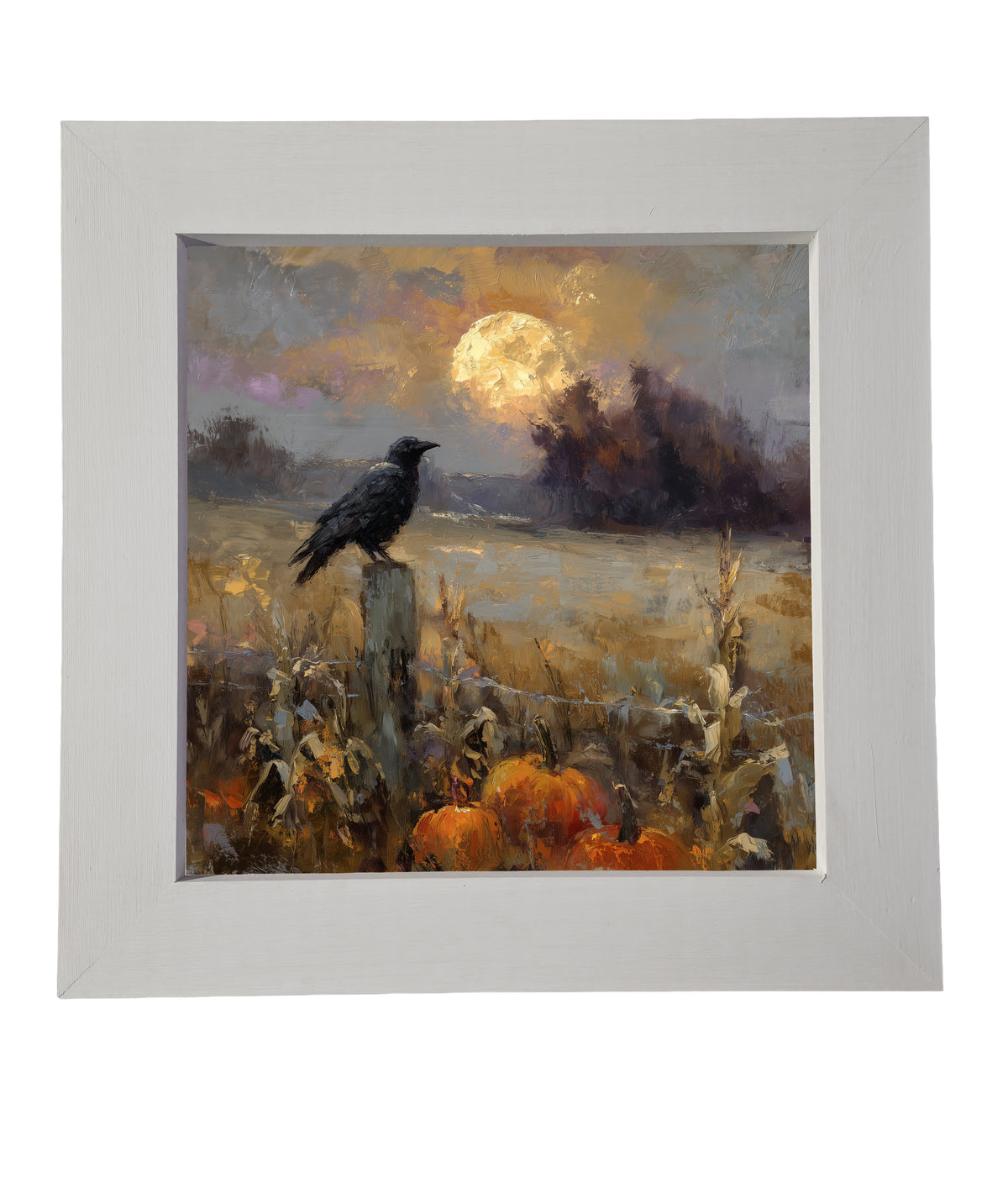 Rustic painting of a raven perched on a fence post with pumpkins and corn stalks under a full moon at dusk. — product view 6