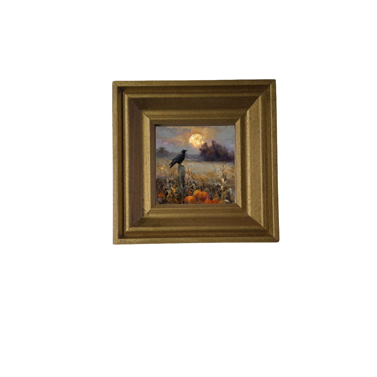 Rustic painting of a raven perched on a fence post with pumpkins and corn stalks under a full moon at dusk.