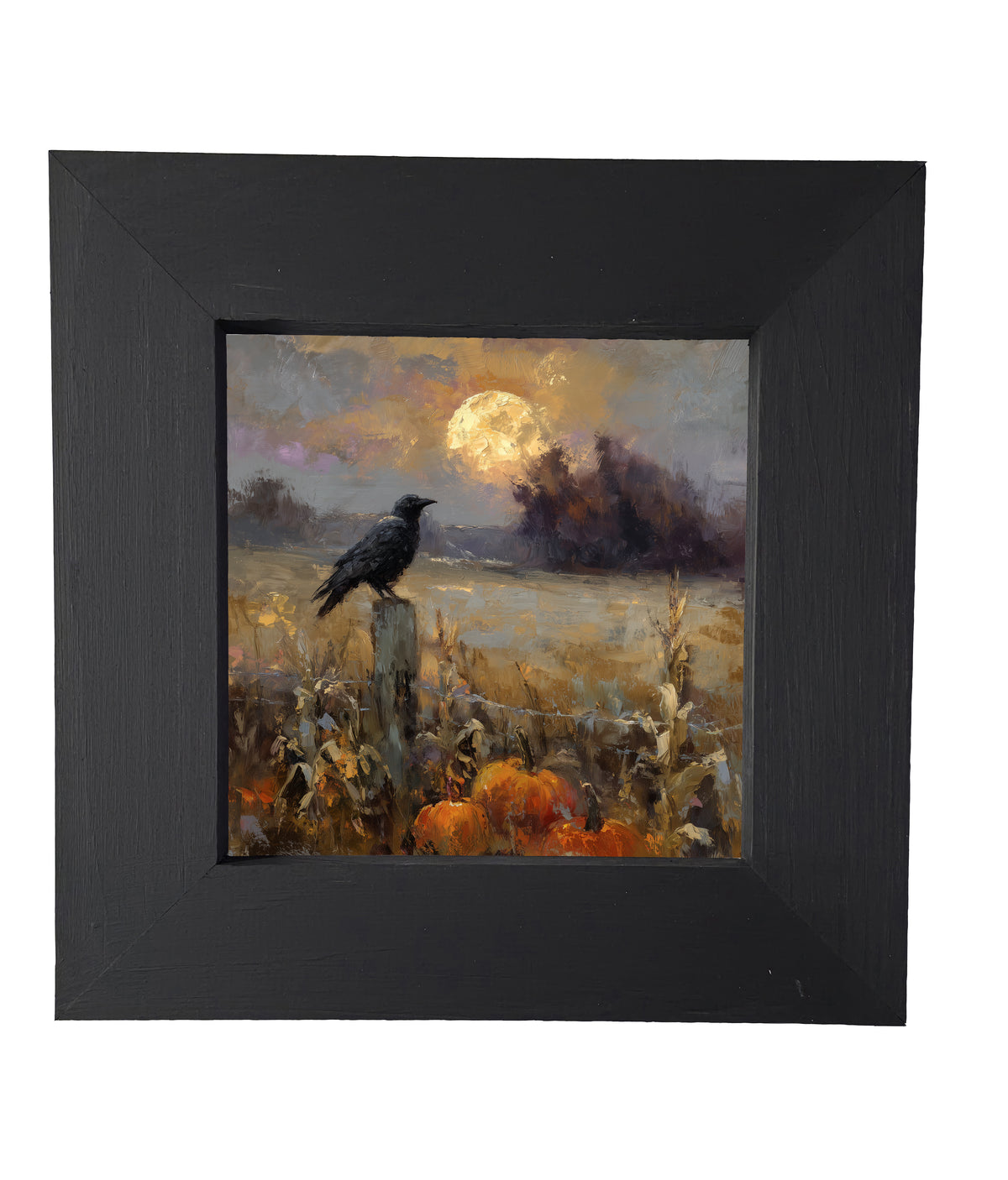 Rustic painting of a raven perched on a fence post with pumpkins and corn stalks under a full moon at dusk. — product view 4