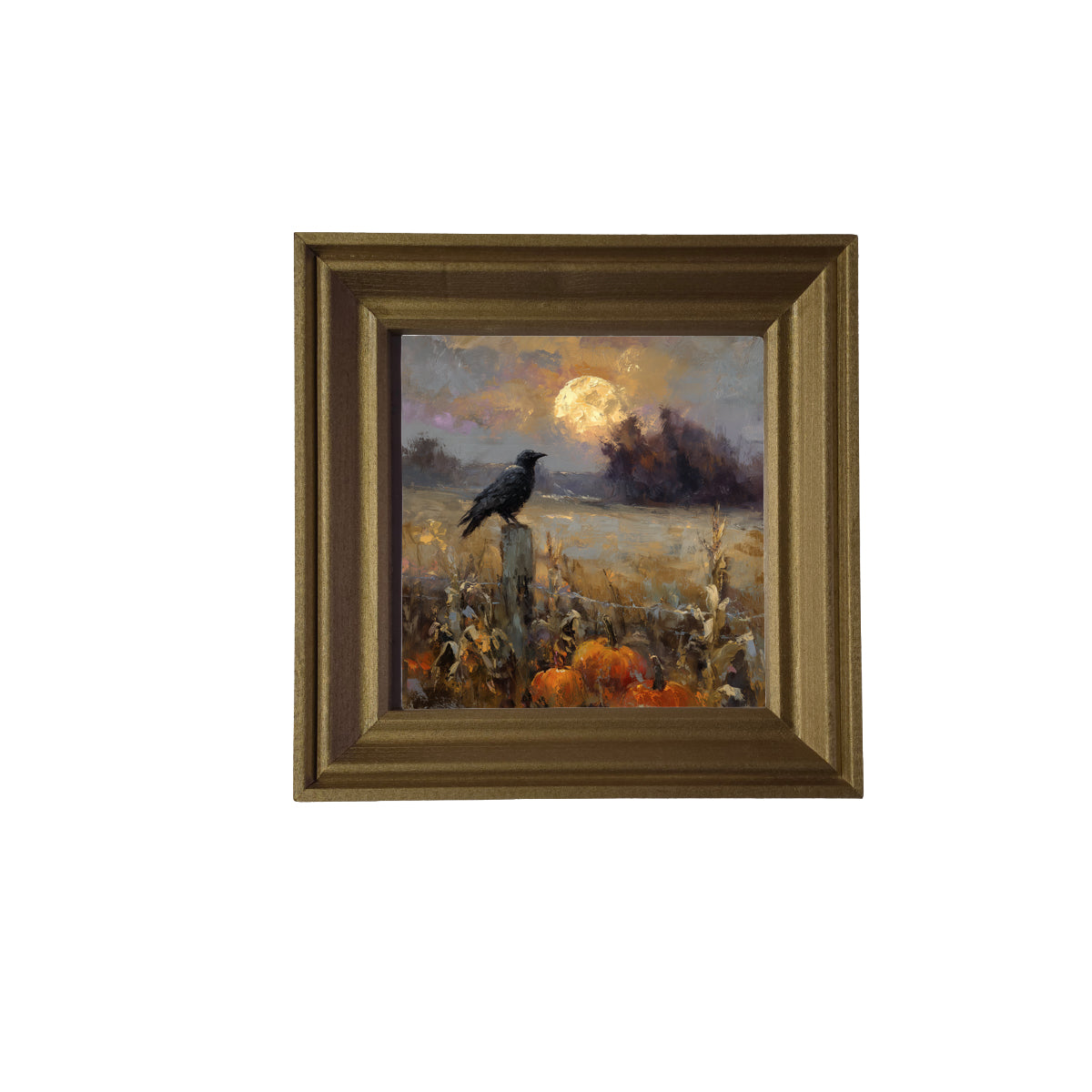 Rustic painting of a raven perched on a fence post with pumpkins and corn stalks under a full moon at dusk. — product view 2