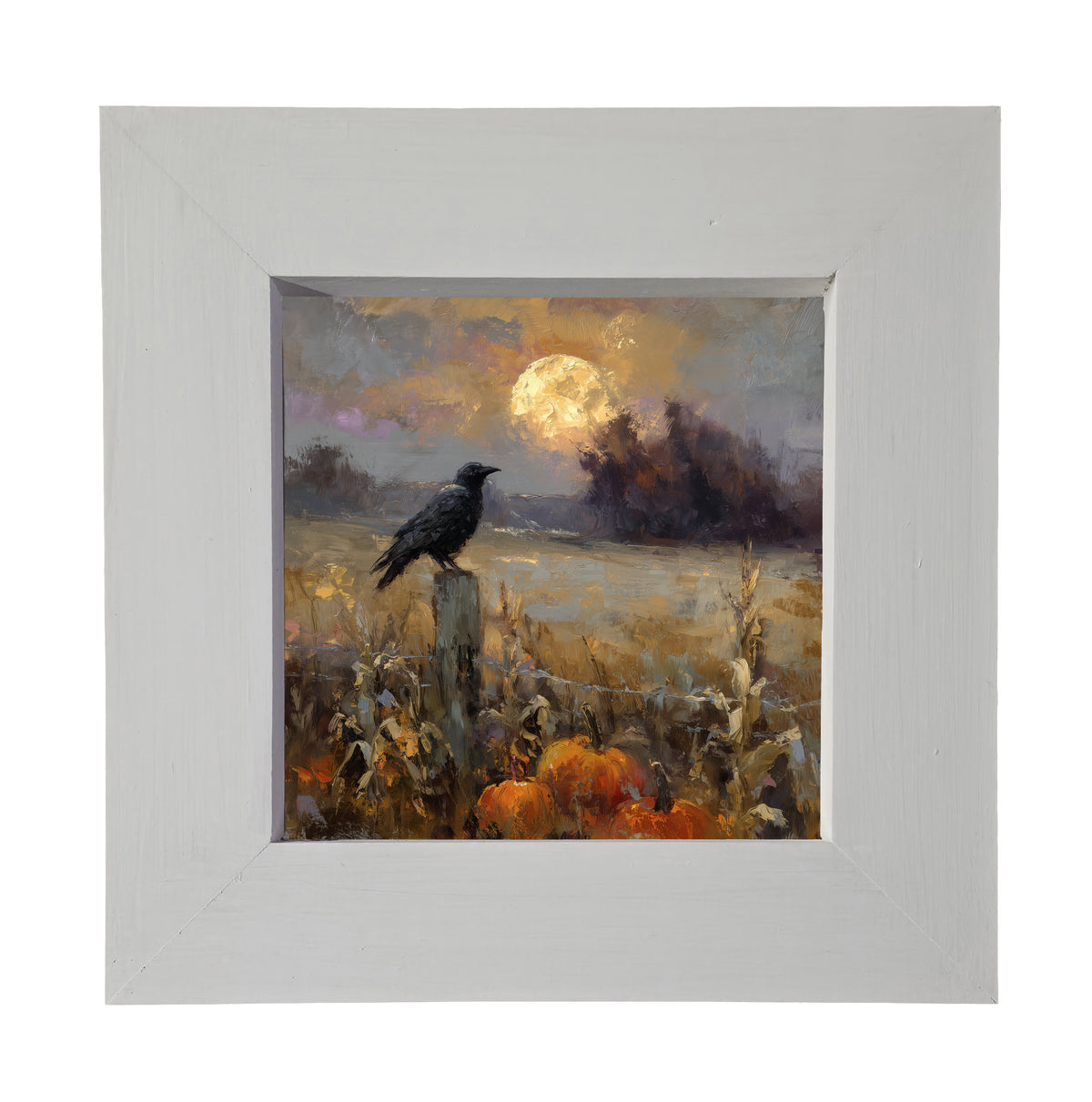 Rustic painting of a raven perched on a fence post with pumpkins and corn stalks under a full moon at dusk. — product view 3