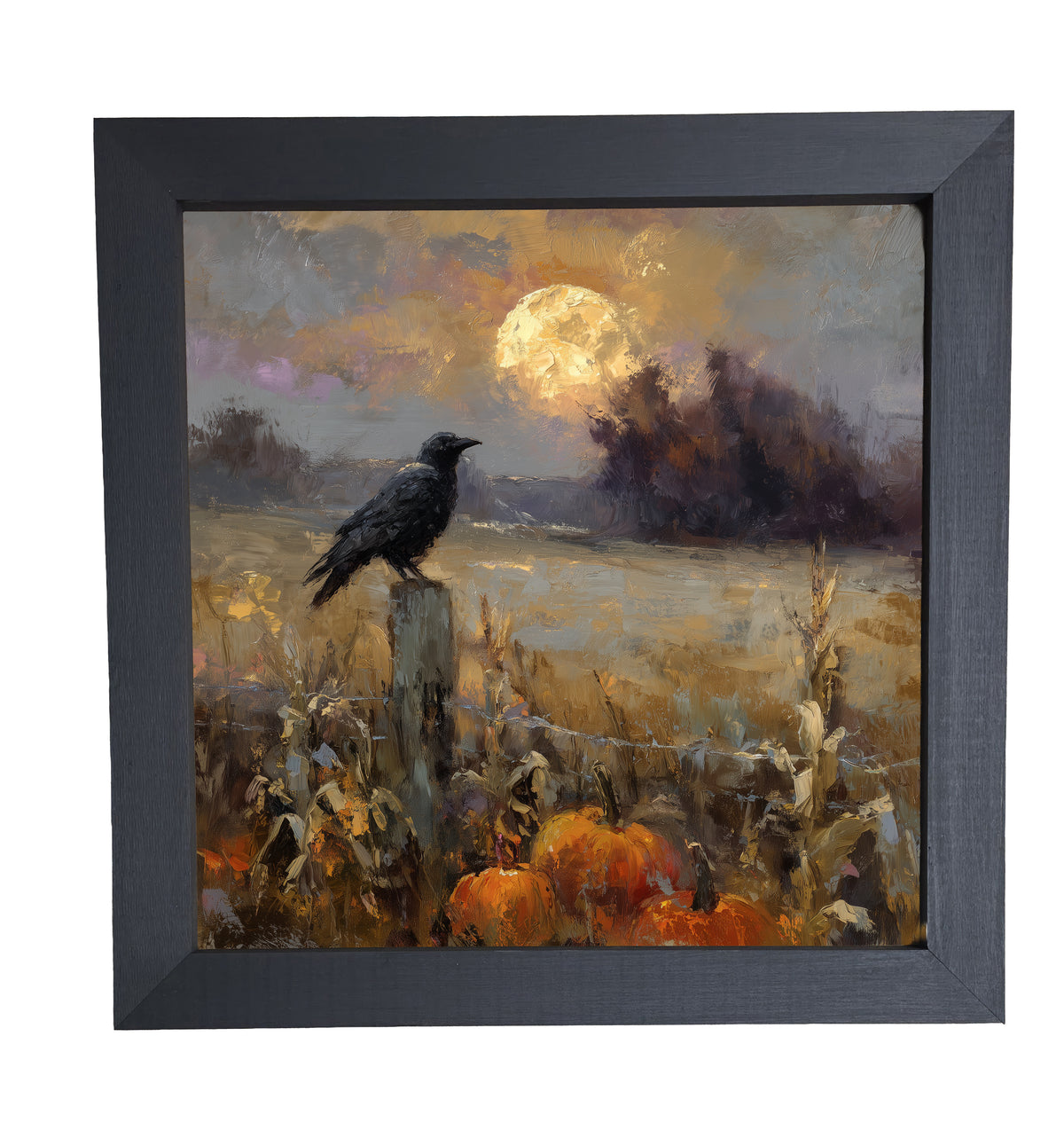 Rustic painting of a raven perched on a fence post with pumpkins and corn stalks under a full moon at dusk. — product view 10