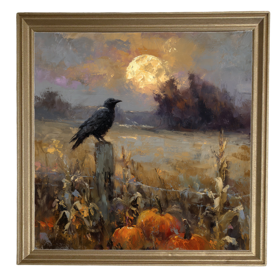 Rustic painting of a raven perched on a fence post with pumpkins and corn stalks under a full moon at dusk. — product view 8
