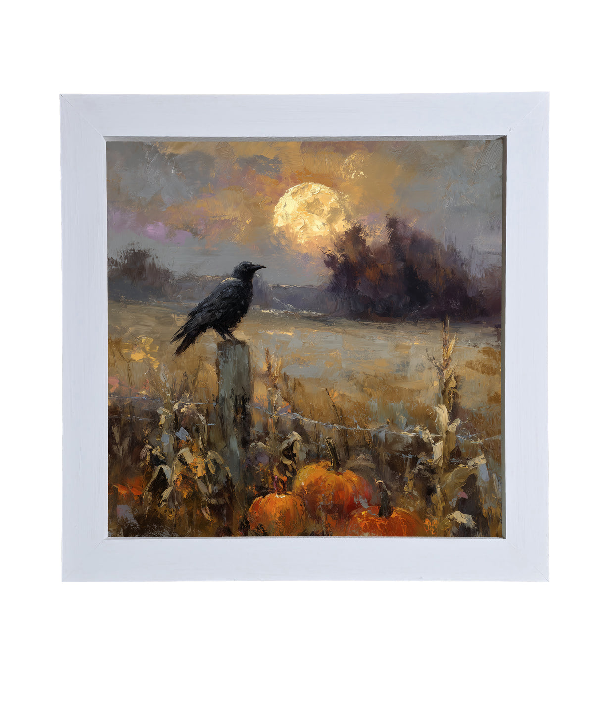 Rustic painting of a raven perched on a fence post with pumpkins and corn stalks under a full moon at dusk. — product view 9
