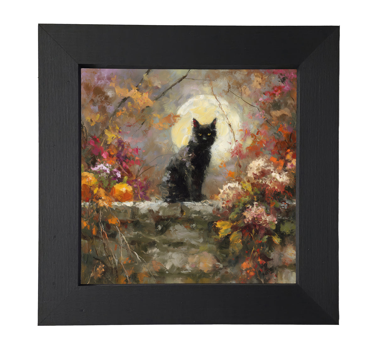 Painterly black cat sitting among pumpkins and autumn leaves on a stone wall under a full moon. — product view 7