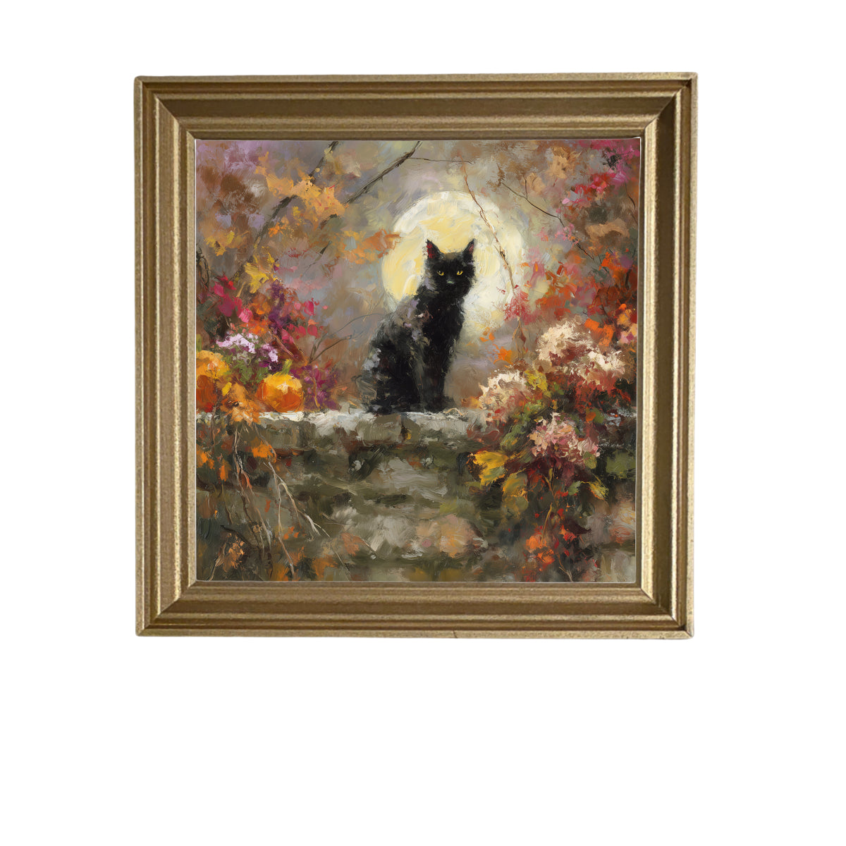 Painterly black cat sitting among pumpkins and autumn leaves on a stone wall under a full moon. — product view 5