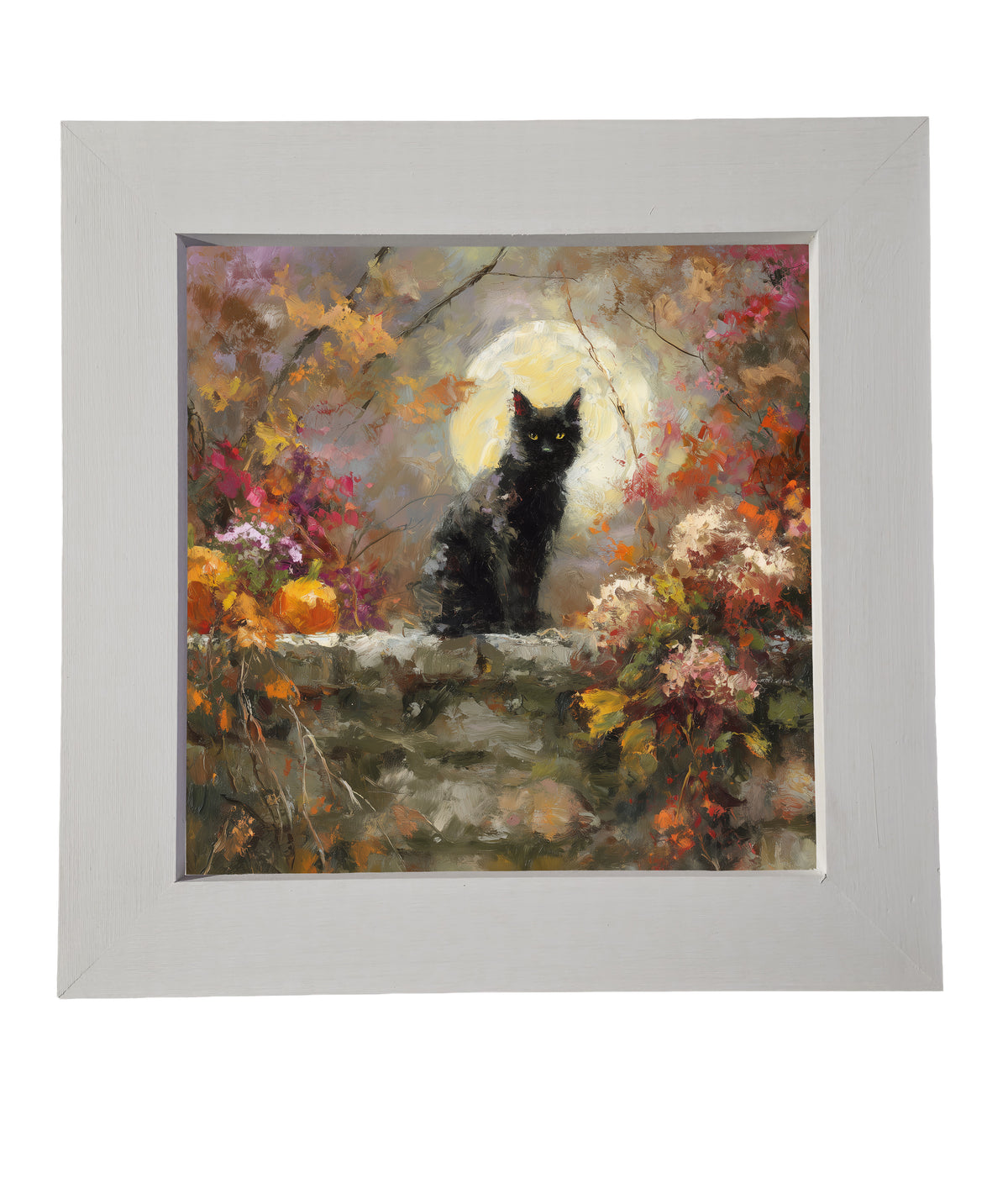 Painterly black cat sitting among pumpkins and autumn leaves on a stone wall under a full moon. — product view 6
