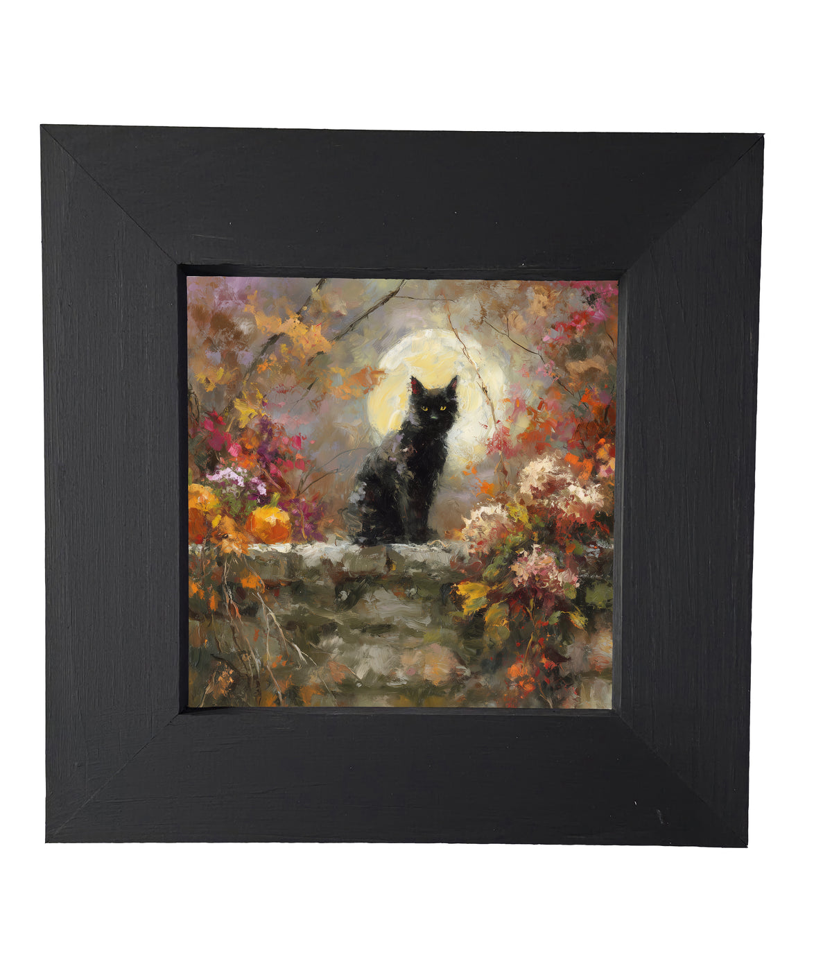 Painterly black cat sitting among pumpkins and autumn leaves on a stone wall under a full moon. — product view 4
