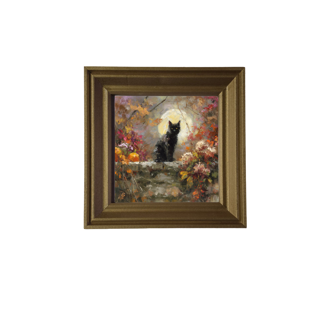 Painterly black cat sitting among pumpkins and autumn leaves on a stone wall under a full moon. — product view 2
