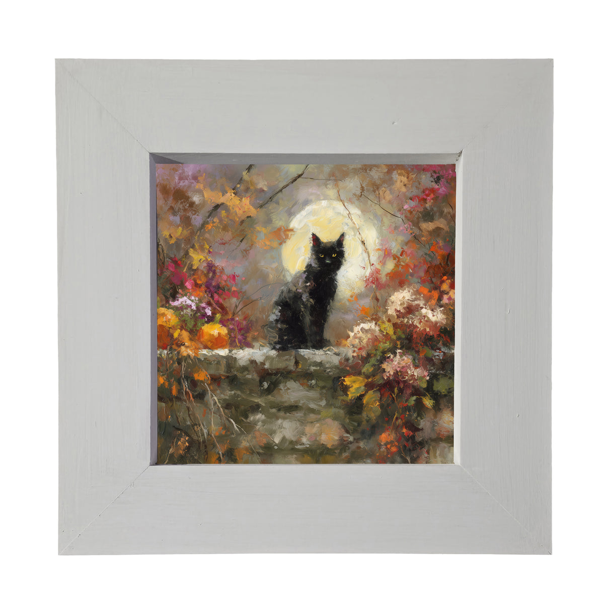 Painterly black cat sitting among pumpkins and autumn leaves on a stone wall under a full moon. — product view 3