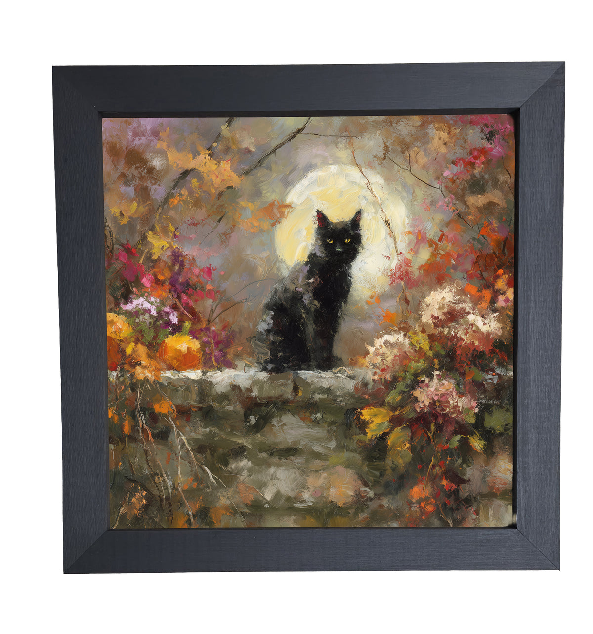 Painterly black cat sitting among pumpkins and autumn leaves on a stone wall under a full moon. — product view 10