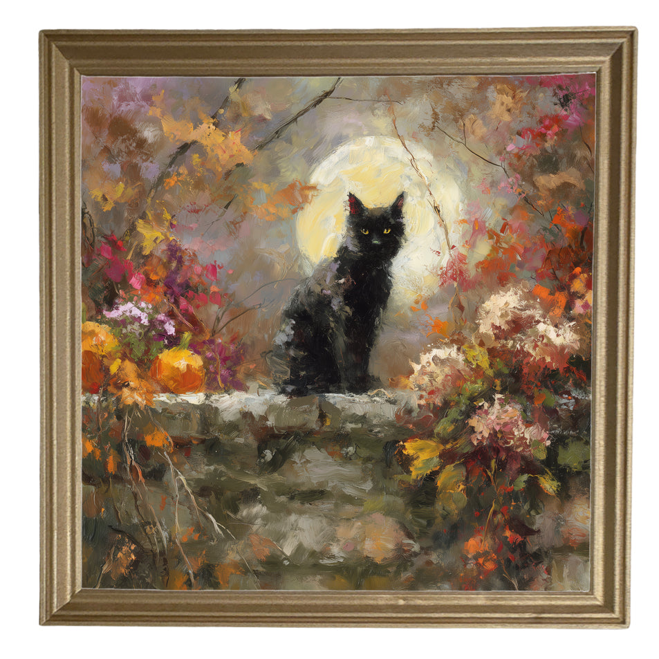 Painterly black cat sitting among pumpkins and autumn leaves on a stone wall under a full moon. — product view 8