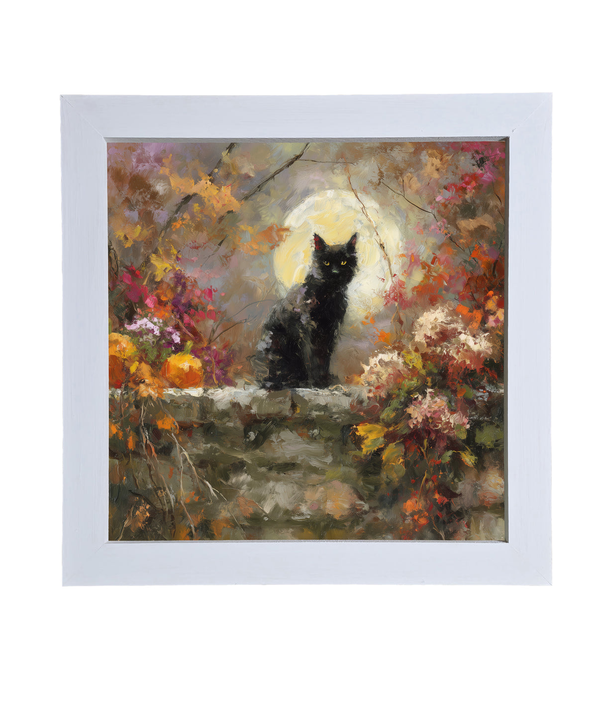 Painterly black cat sitting among pumpkins and autumn leaves on a stone wall under a full moon. — product view 9