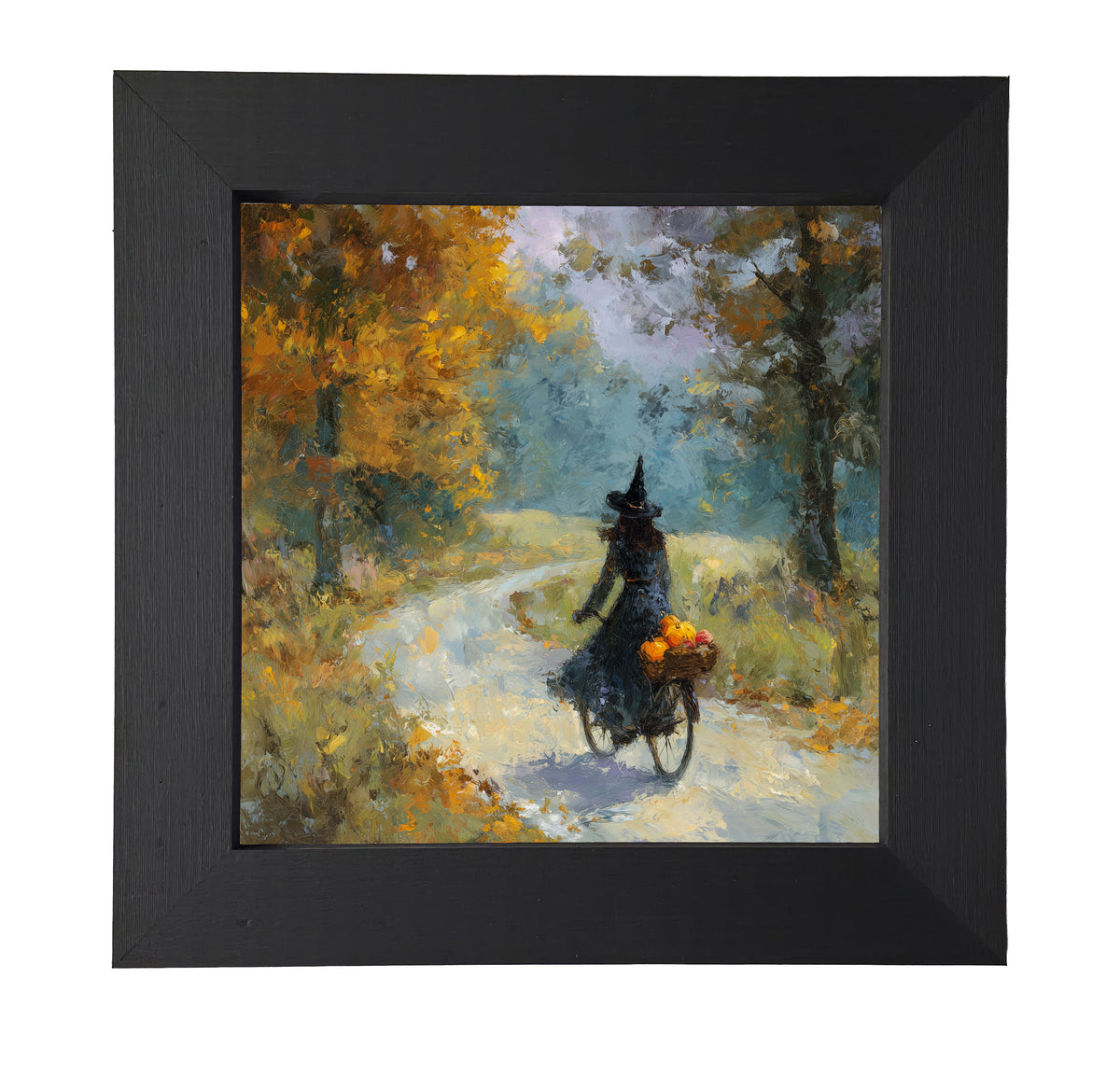 Impressionist painting of a witch riding a bicycle with pumpkins through autumn woods — product view 7