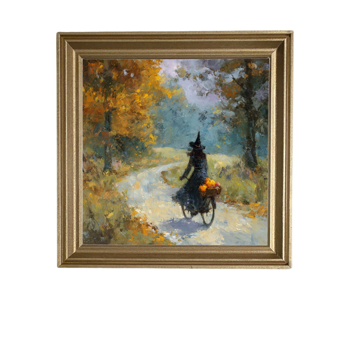 Impressionist painting of a witch riding a bicycle with pumpkins through autumn woods — product view 5