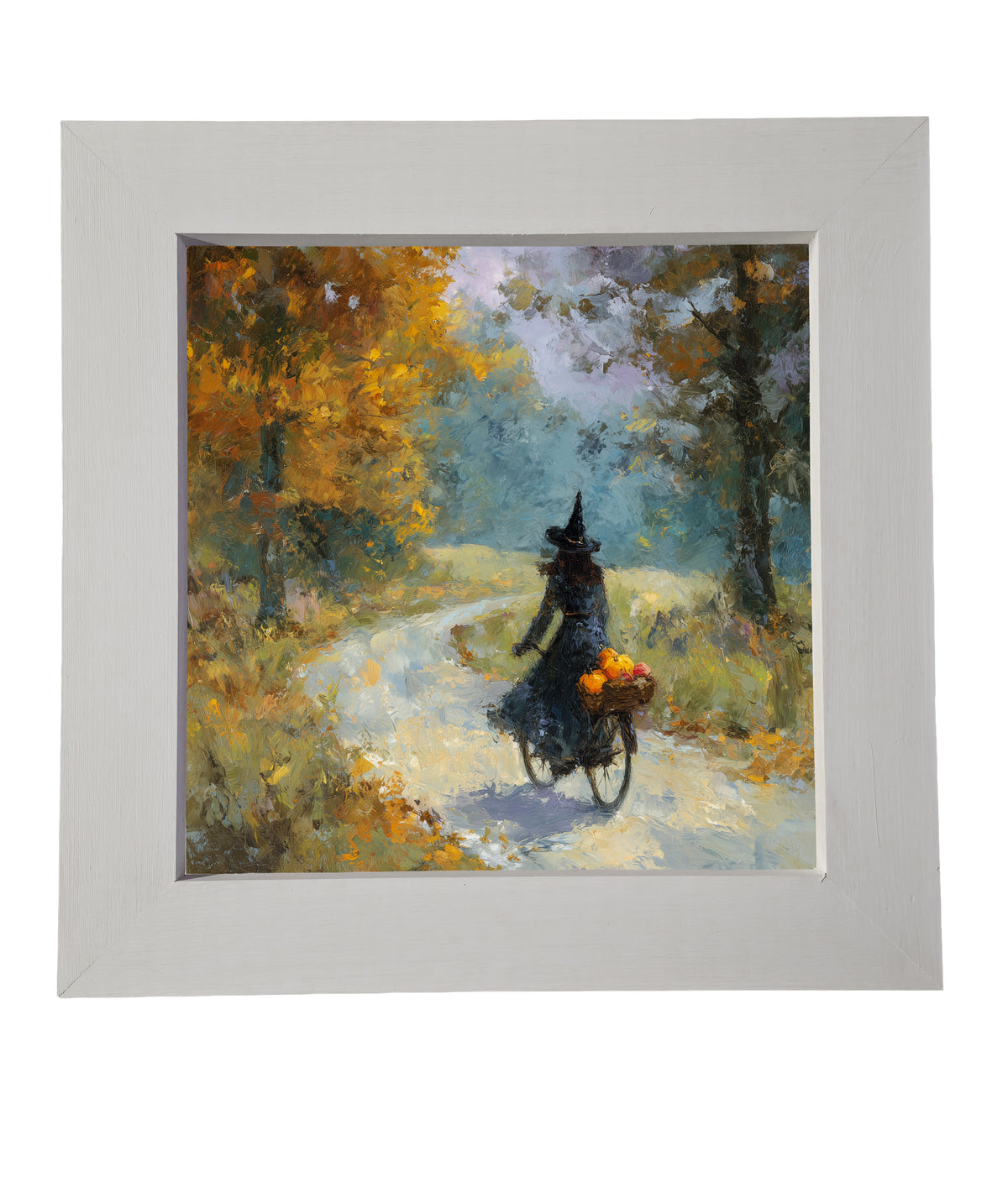 Impressionist painting of a witch riding a bicycle with pumpkins through autumn woods — product view 6