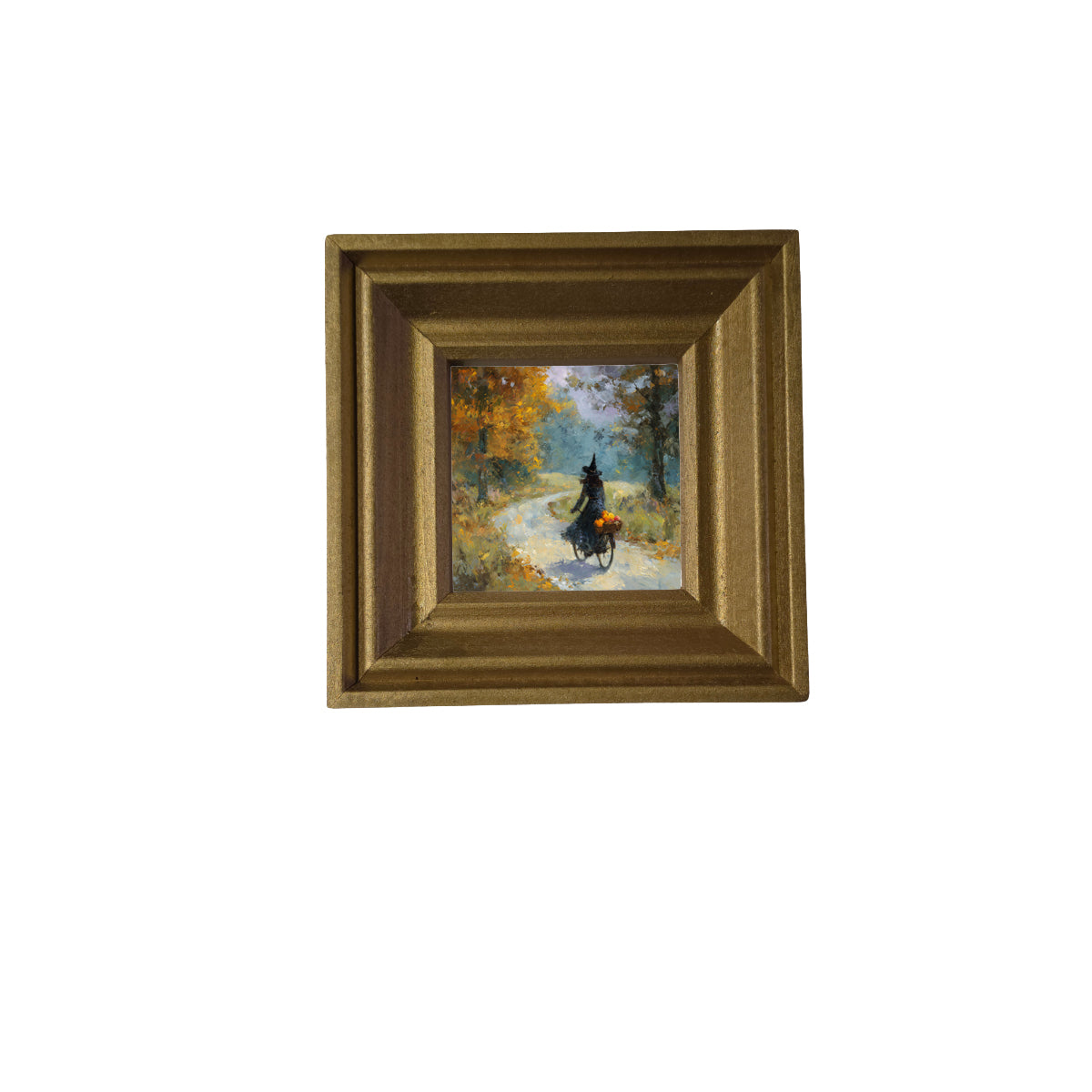 Impressionist painting of a witch riding a bicycle with pumpkins through autumn woods