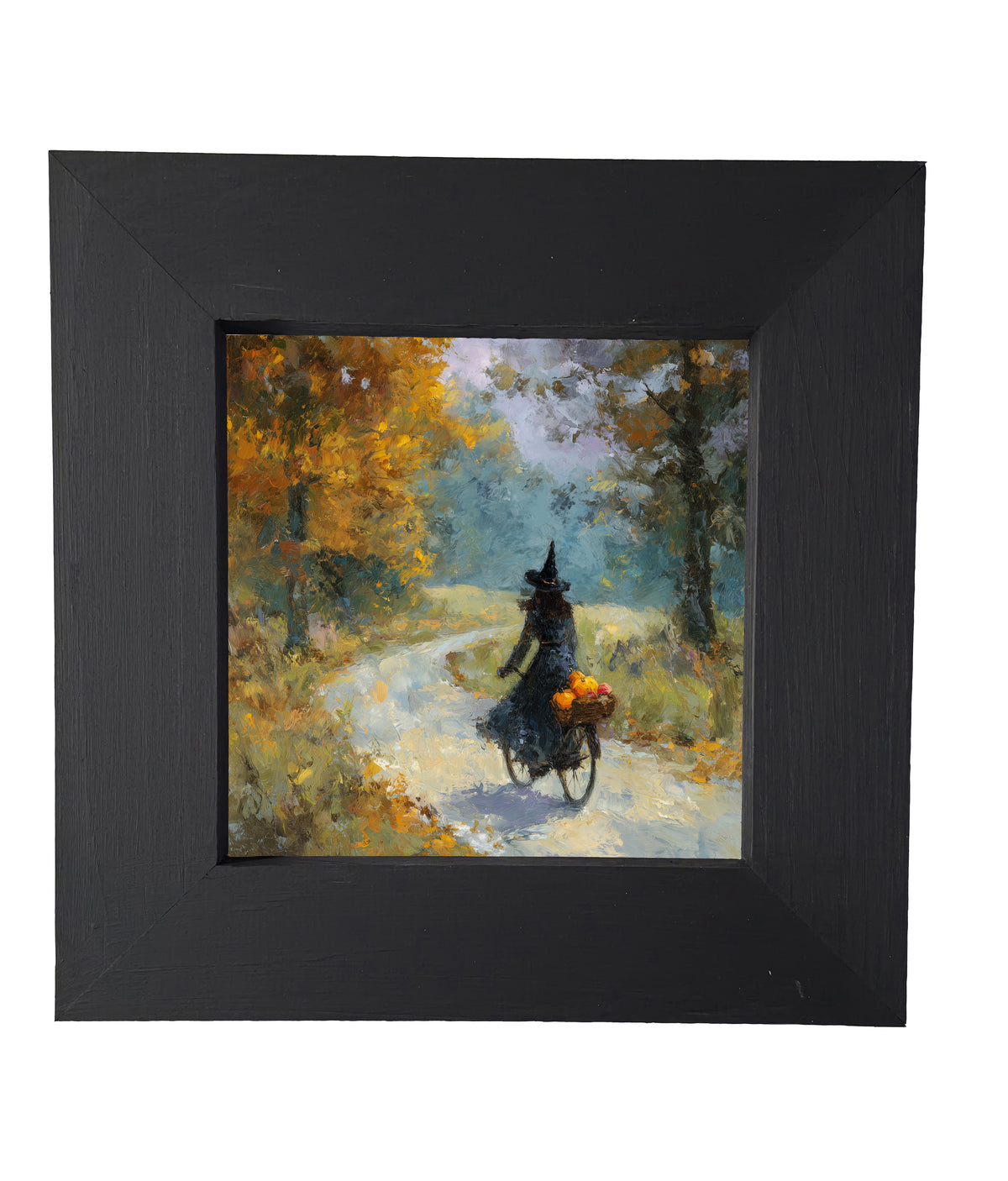 Impressionist painting of a witch riding a bicycle with pumpkins through autumn woods — product view 4