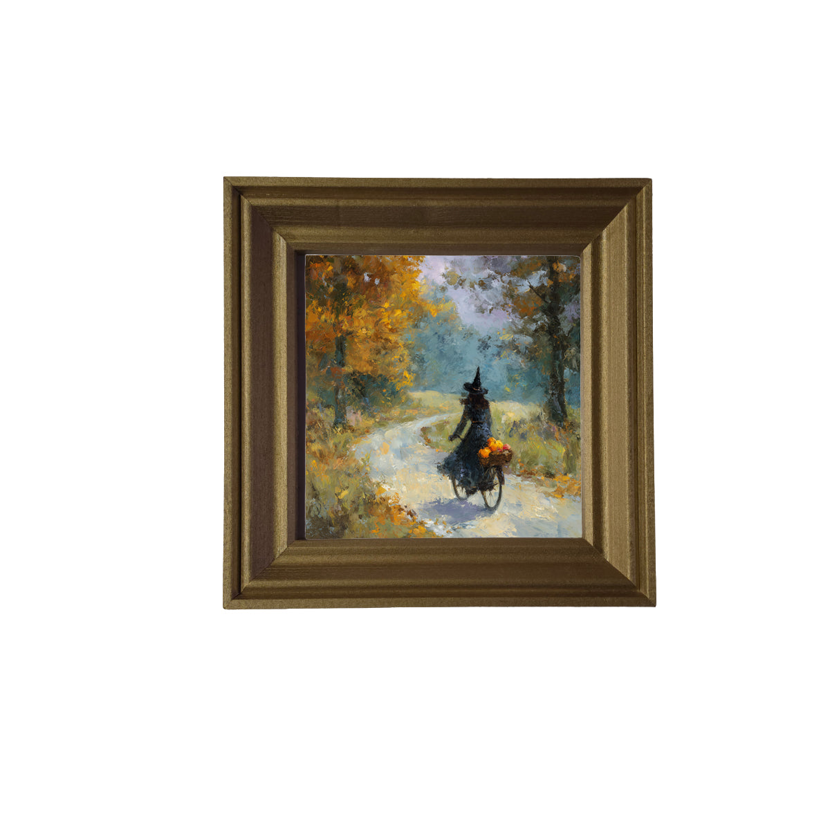 Impressionist painting of a witch riding a bicycle with pumpkins through autumn woods — product view 2