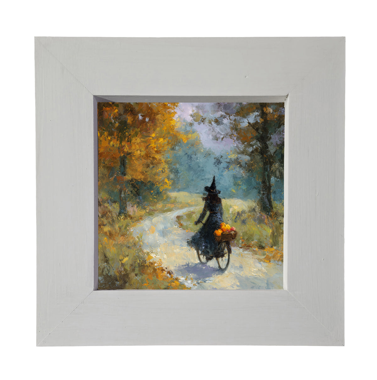Impressionist painting of a witch riding a bicycle with pumpkins through autumn woods — product view 3
