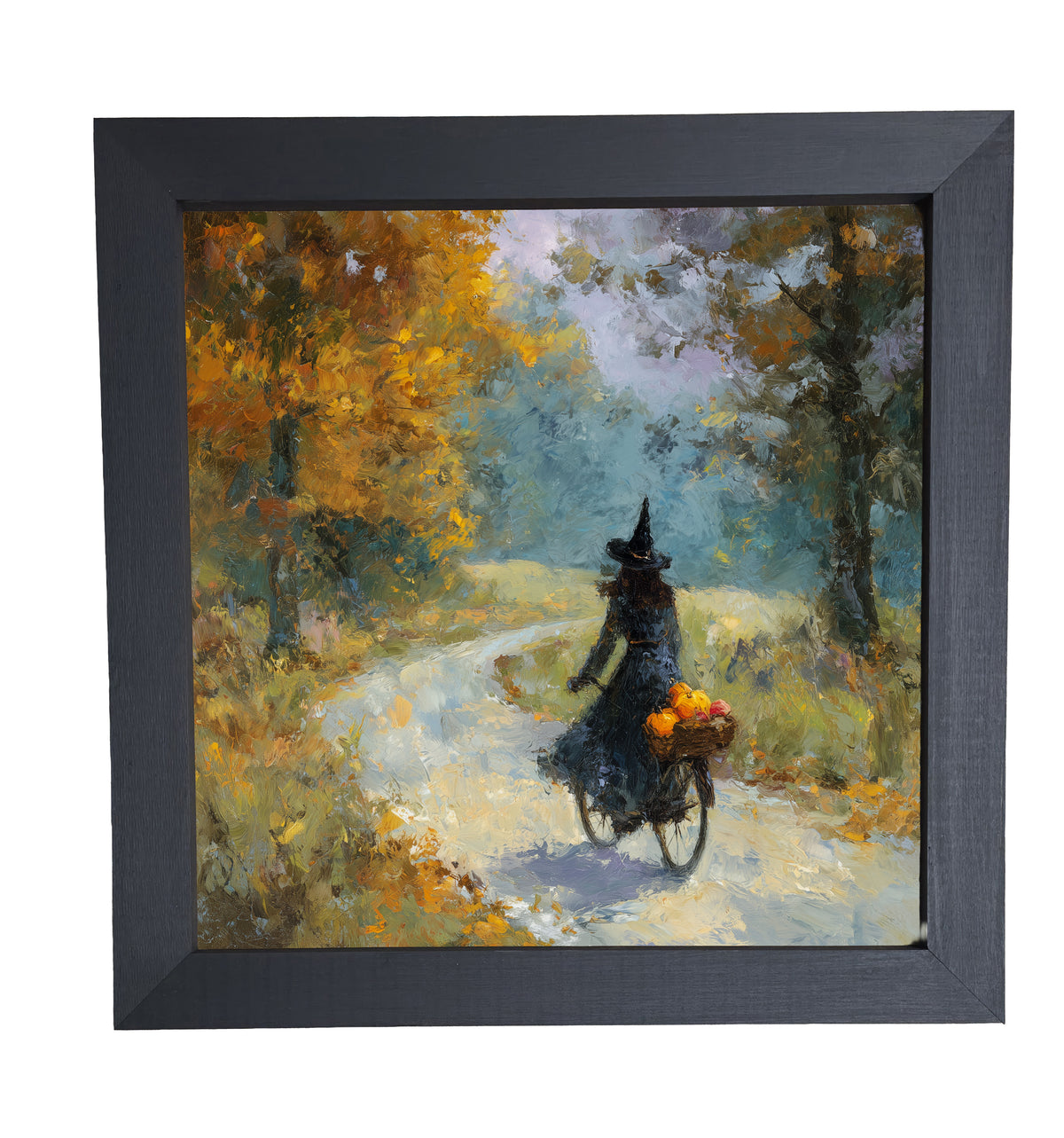 Impressionist painting of a witch riding a bicycle with pumpkins through autumn woods — product view 10