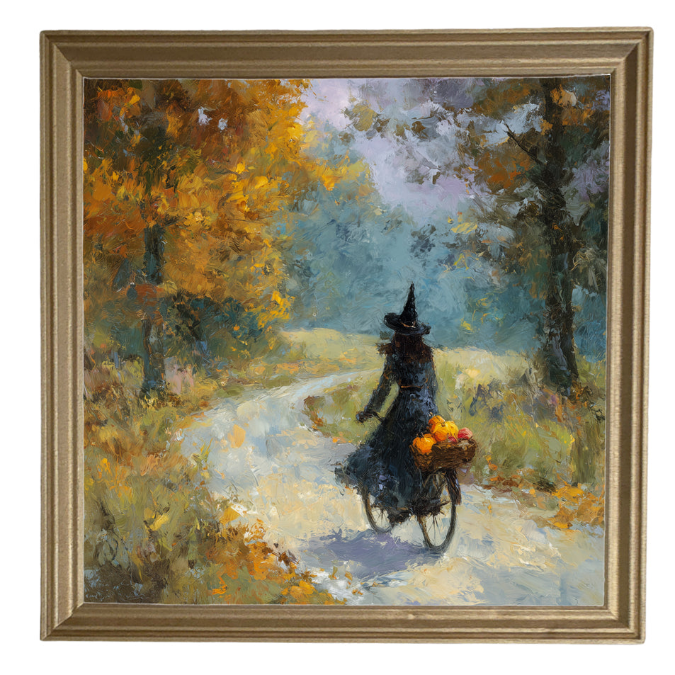Impressionist painting of a witch riding a bicycle with pumpkins through autumn woods — product view 8