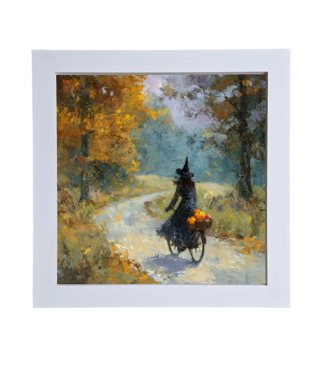 Impressionist painting of a witch riding a bicycle with pumpkins through autumn woods — product view 9