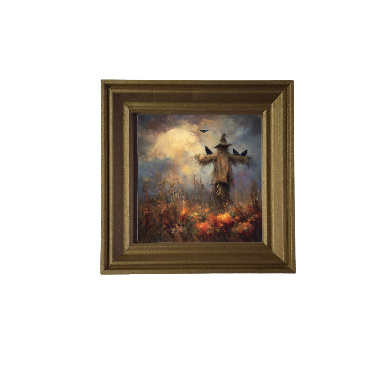 Painterly scene of a crow perched on a lantern amid autumn corn stalks and leaves, with a scarecrow in the misty background. — product view 2