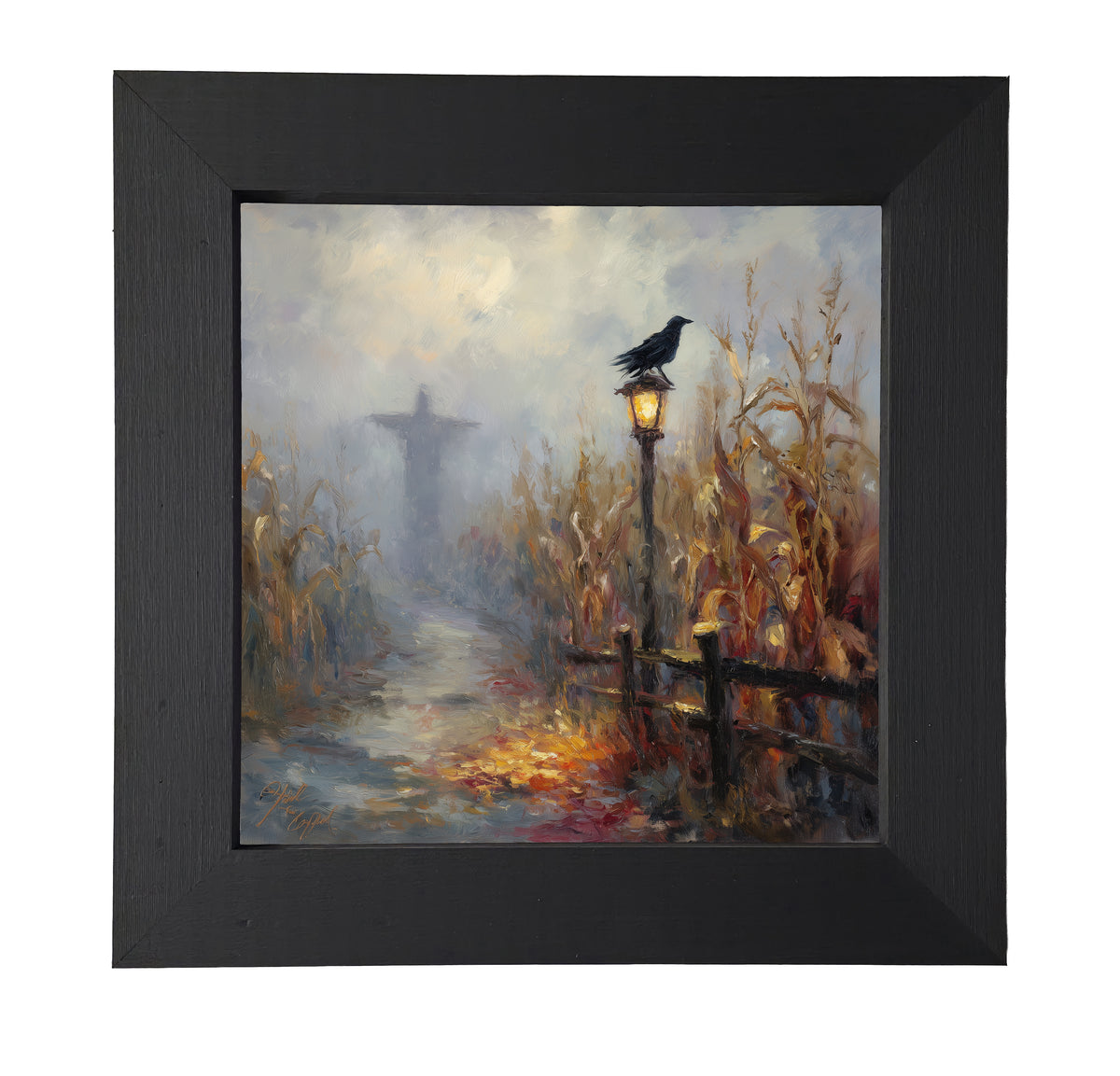 Scarecrow stands in a golden cornfield at dusk with a crow on a lamppost and autumn colors. — product view 7