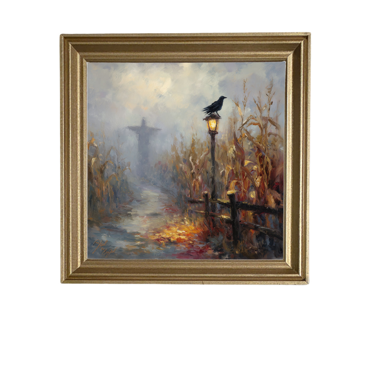 Scarecrow stands in a golden cornfield at dusk with a crow on a lamppost and autumn colors. — product view 5
