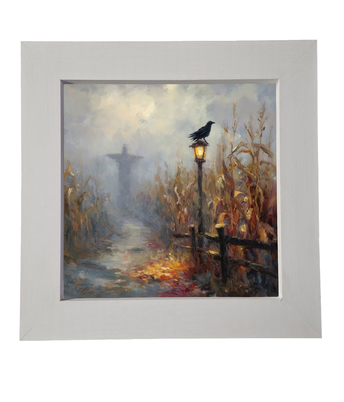 Scarecrow stands in a golden cornfield at dusk with a crow on a lamppost and autumn colors. — product view 6