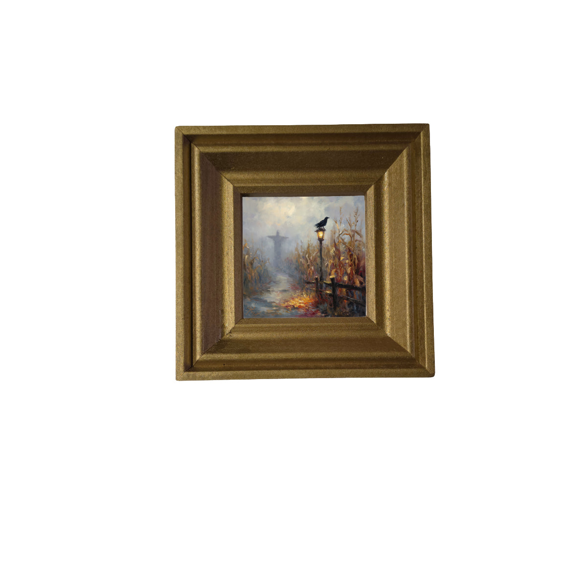 Scarecrow stands in a golden cornfield at dusk with a crow on a lamppost and autumn colors.