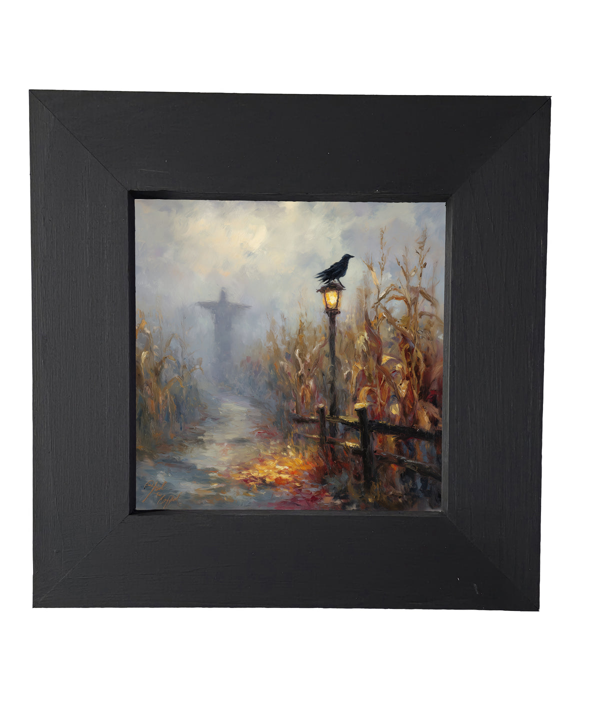Scarecrow stands in a golden cornfield at dusk with a crow on a lamppost and autumn colors. — product view 4