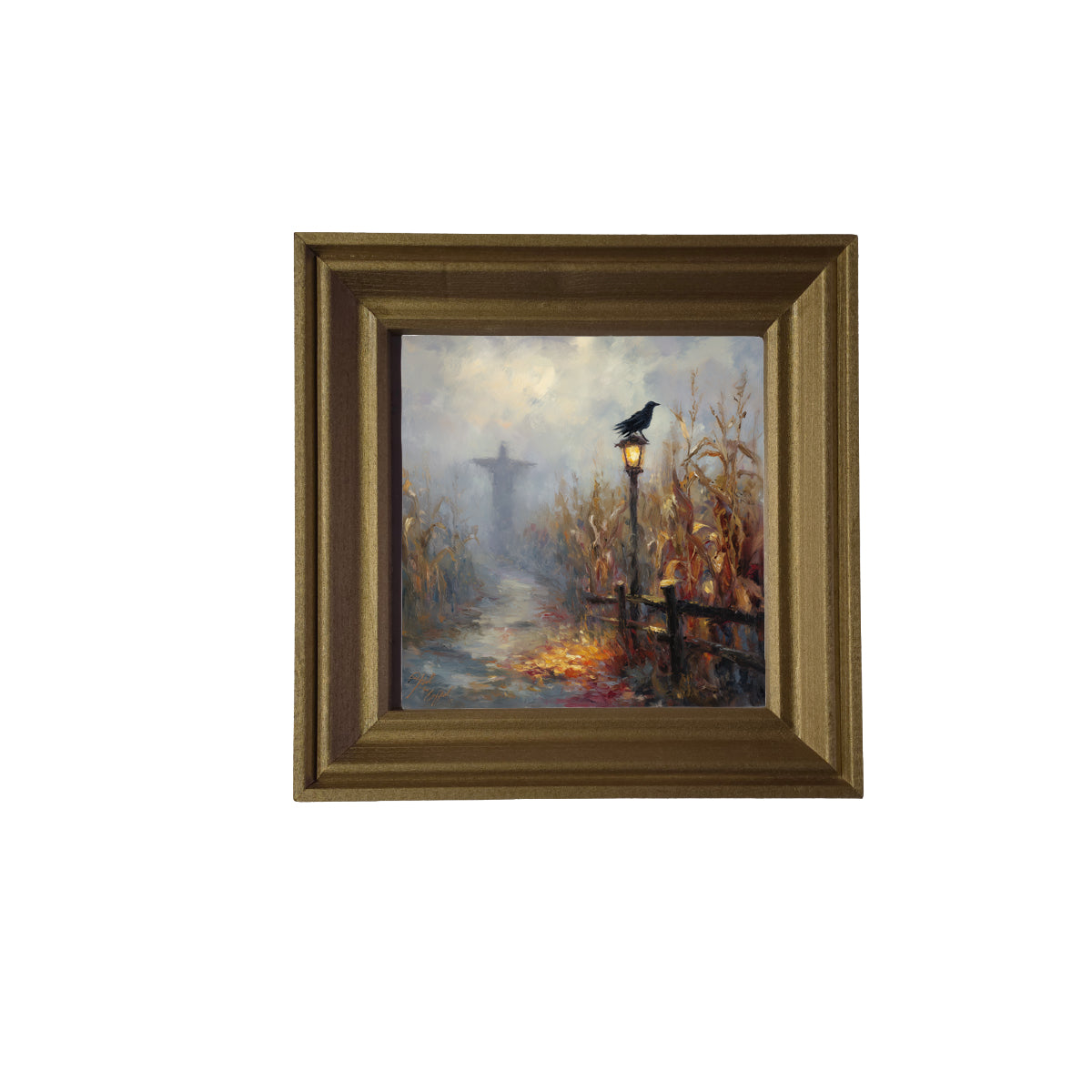 Scarecrow stands in a golden cornfield at dusk with a crow on a lamppost and autumn colors. — product view 2