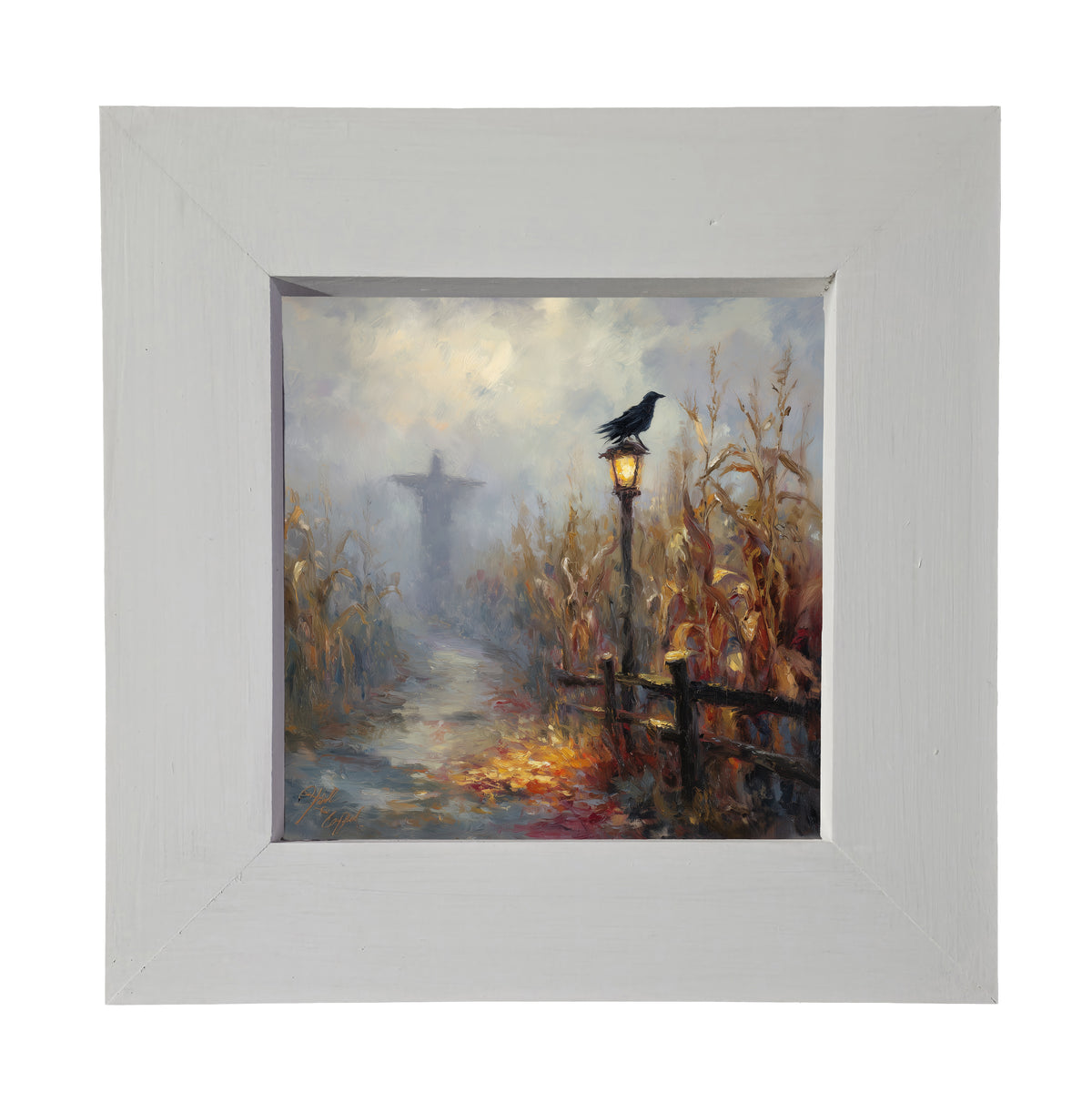 Scarecrow stands in a golden cornfield at dusk with a crow on a lamppost and autumn colors. — product view 3