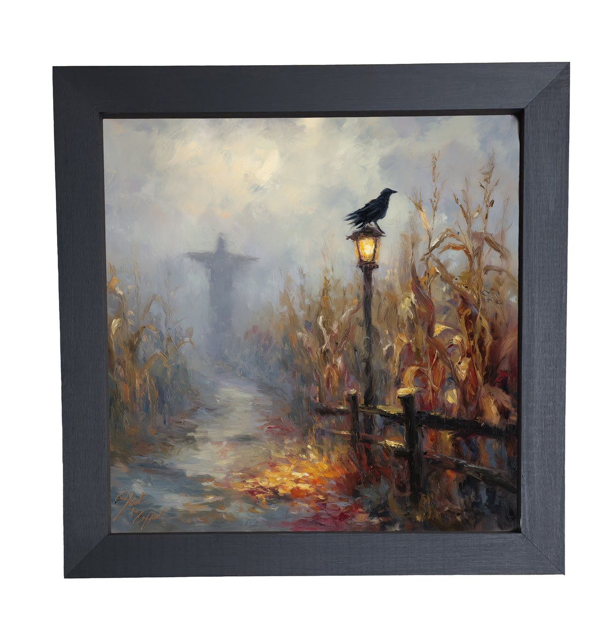 Scarecrow stands in a golden cornfield at dusk with a crow on a lamppost and autumn colors. — product view 10