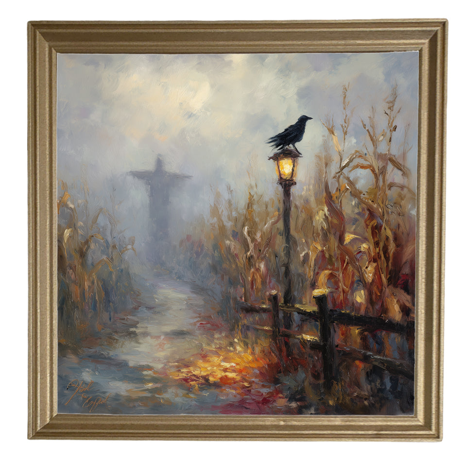 Scarecrow stands in a golden cornfield at dusk with a crow on a lamppost and autumn colors. — product view 8