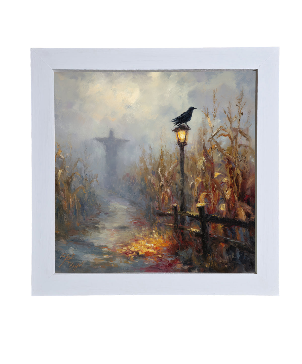 Scarecrow stands in a golden cornfield at dusk with a crow on a lamppost and autumn colors. — product view 9