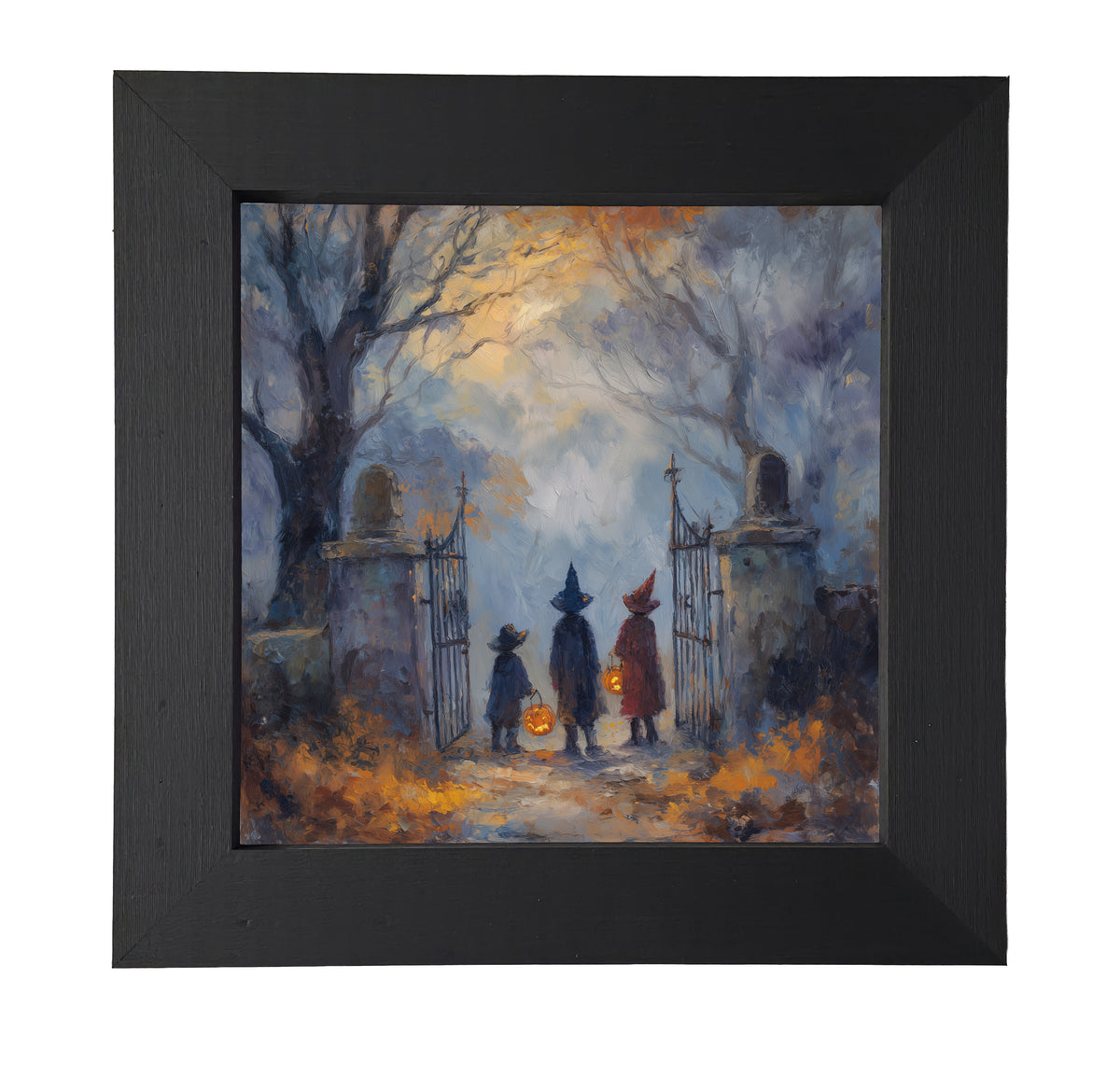 Two witches in hats stand at a cemetery gate among bare trees and autumn leaves in a moody, painterly Halloween scene. — product view 7