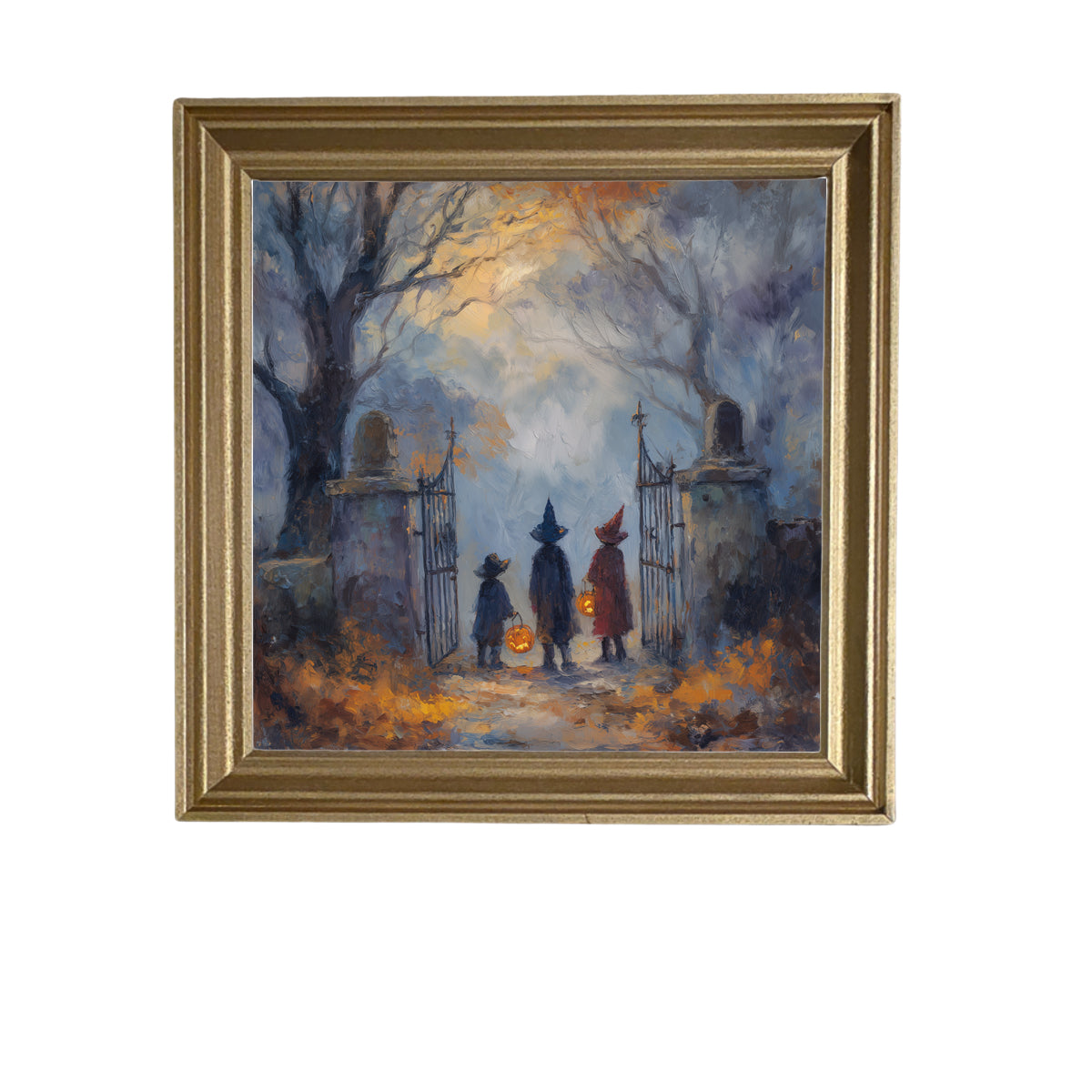 Two witches in hats stand at a cemetery gate among bare trees and autumn leaves in a moody, painterly Halloween scene. — product view 5