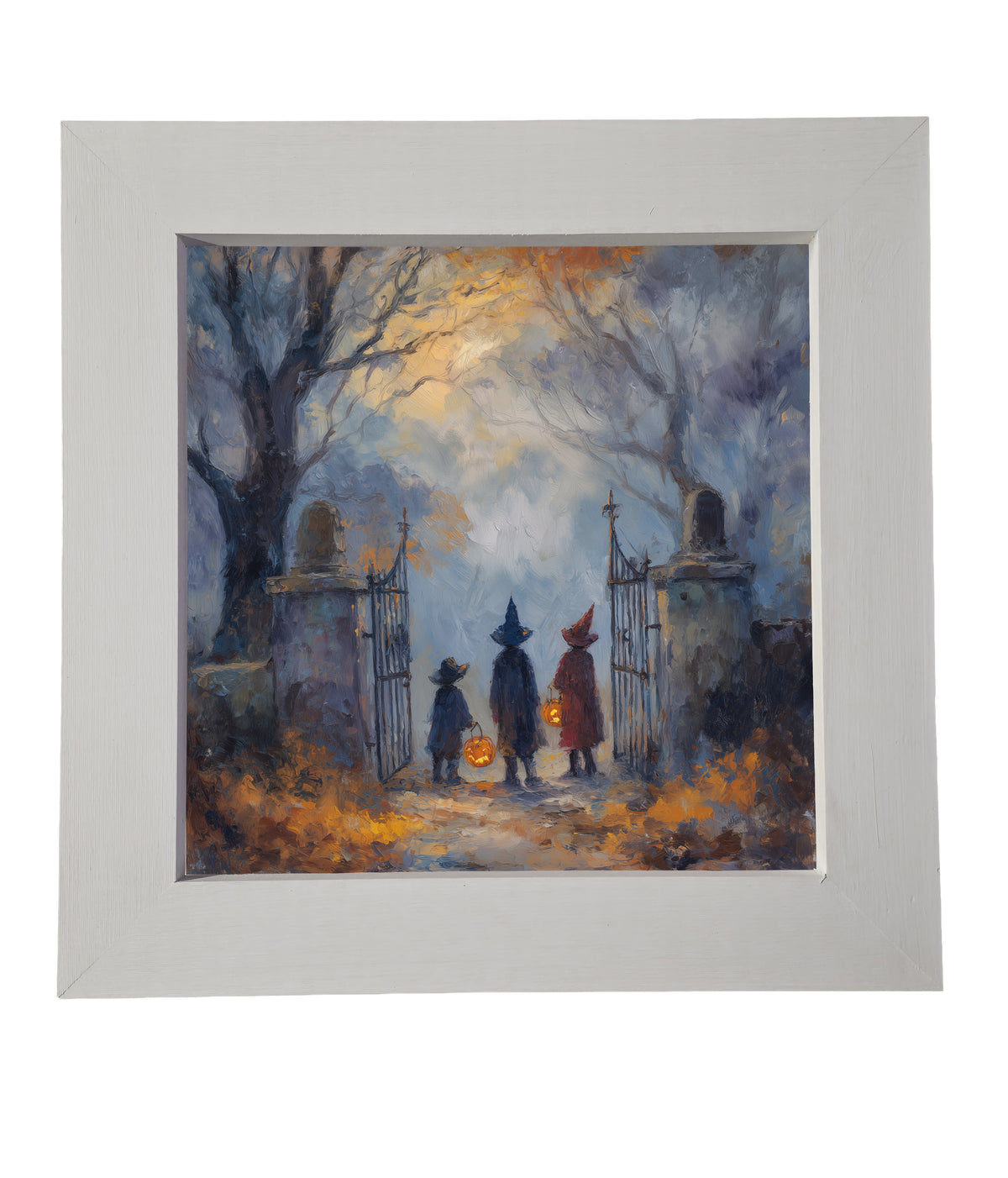Two witches in hats stand at a cemetery gate among bare trees and autumn leaves in a moody, painterly Halloween scene. — product view 6