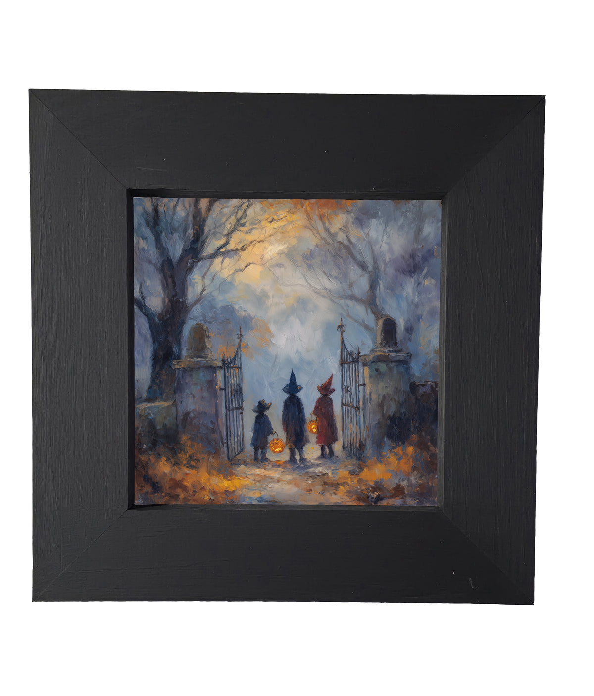 Two witches in hats stand at a cemetery gate among bare trees and autumn leaves in a moody, painterly Halloween scene. — product view 4