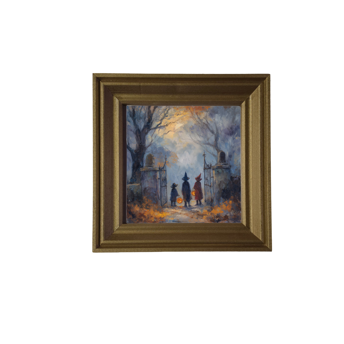 Two witches in hats stand at a cemetery gate among bare trees and autumn leaves in a moody, painterly Halloween scene. — product view 2