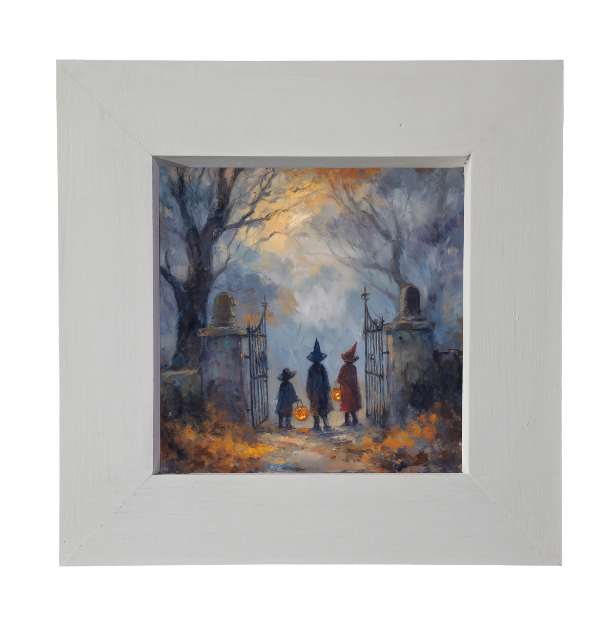 Two witches in hats stand at a cemetery gate among bare trees and autumn leaves in a moody, painterly Halloween scene. — product view 3