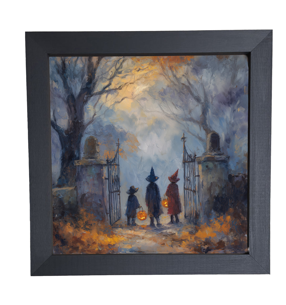 Two witches in hats stand at a cemetery gate among bare trees and autumn leaves in a moody, painterly Halloween scene. — product view 10
