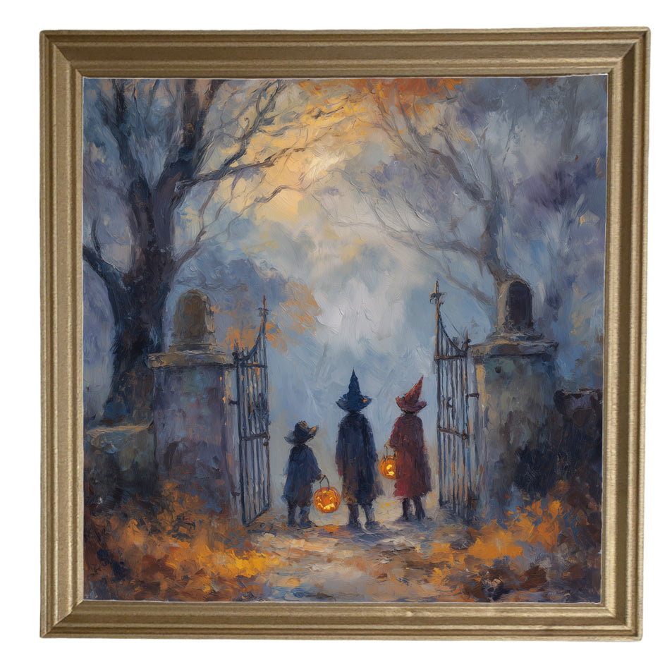 Two witches in hats stand at a cemetery gate among bare trees and autumn leaves in a moody, painterly Halloween scene. — product view 8