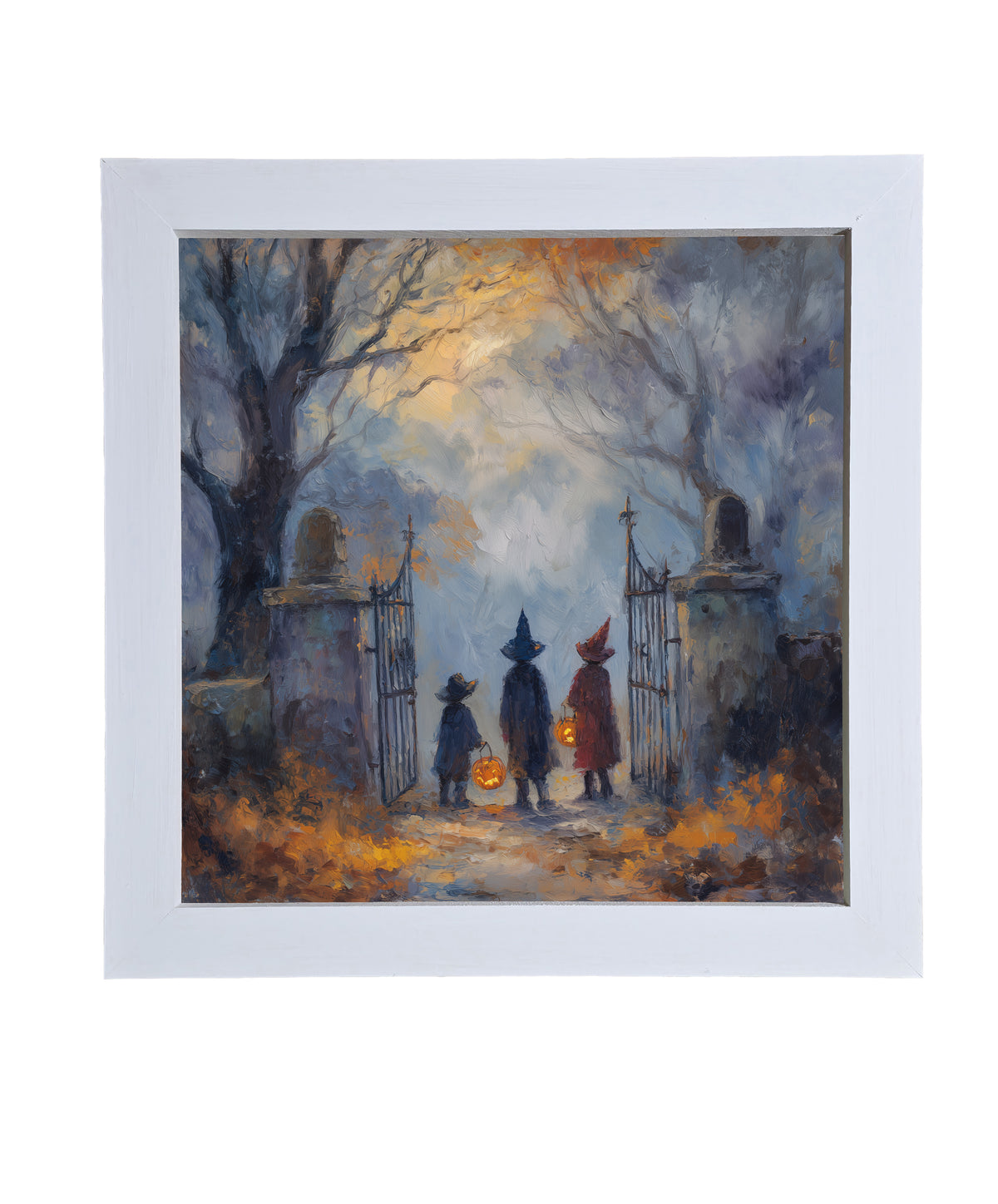 Two witches in hats stand at a cemetery gate among bare trees and autumn leaves in a moody, painterly Halloween scene. — product view 9