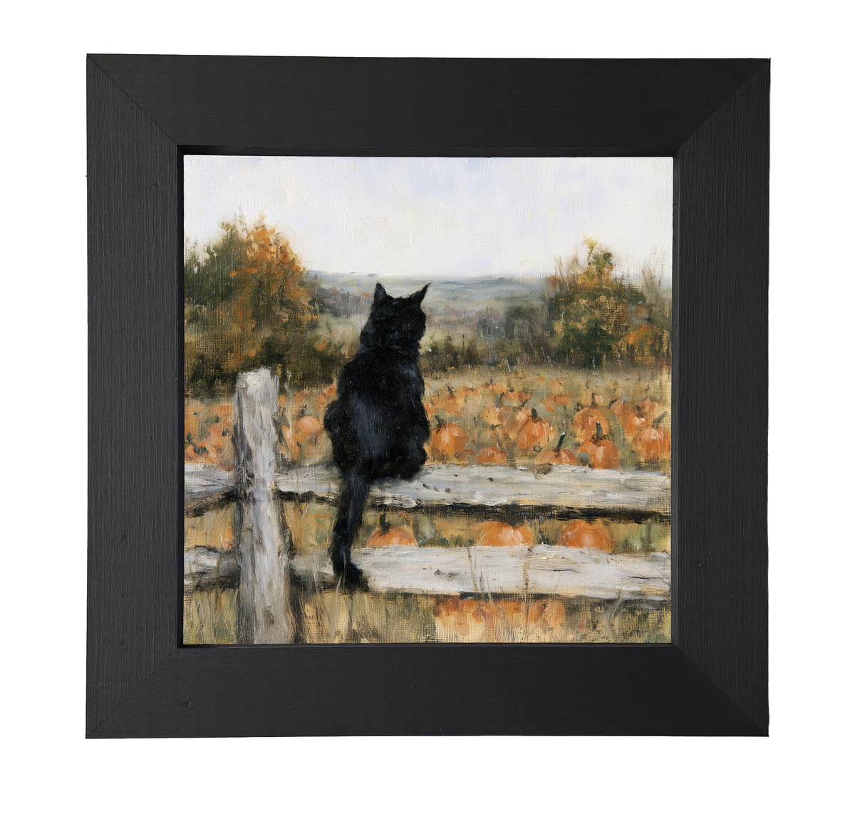 A black cat sits on a wooden fence overlooking a pumpkin field with autumn trees in a rustic, painterly style. — product view 7