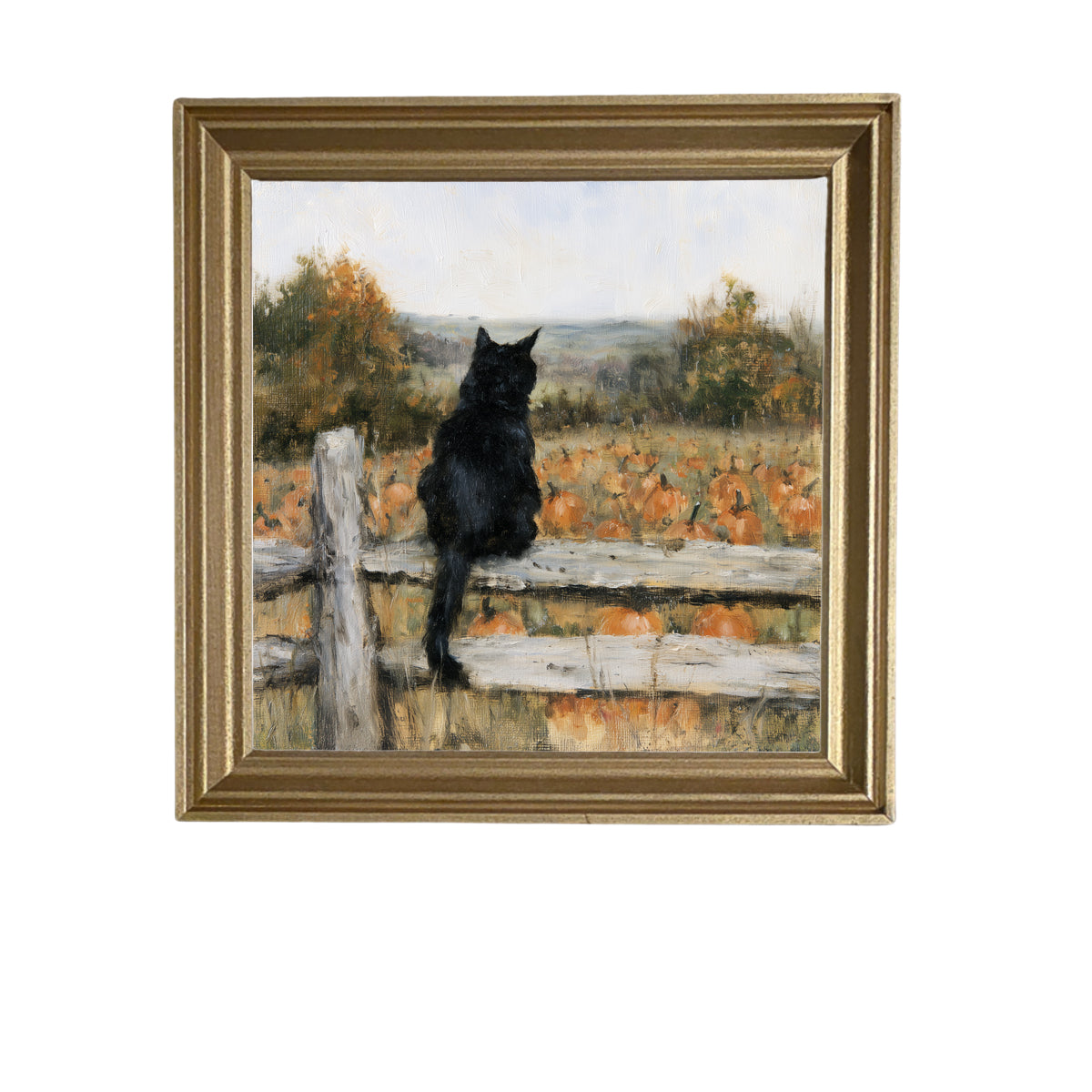 A black cat sits on a wooden fence overlooking a pumpkin field with autumn trees in a rustic, painterly style. — product view 5